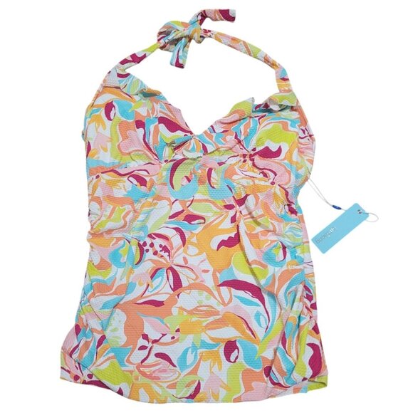 Birdsong Size 38DD Ruffle Halter Underwire Tankini Swim Top Ruched Groovy Print - Picture 5 of 12